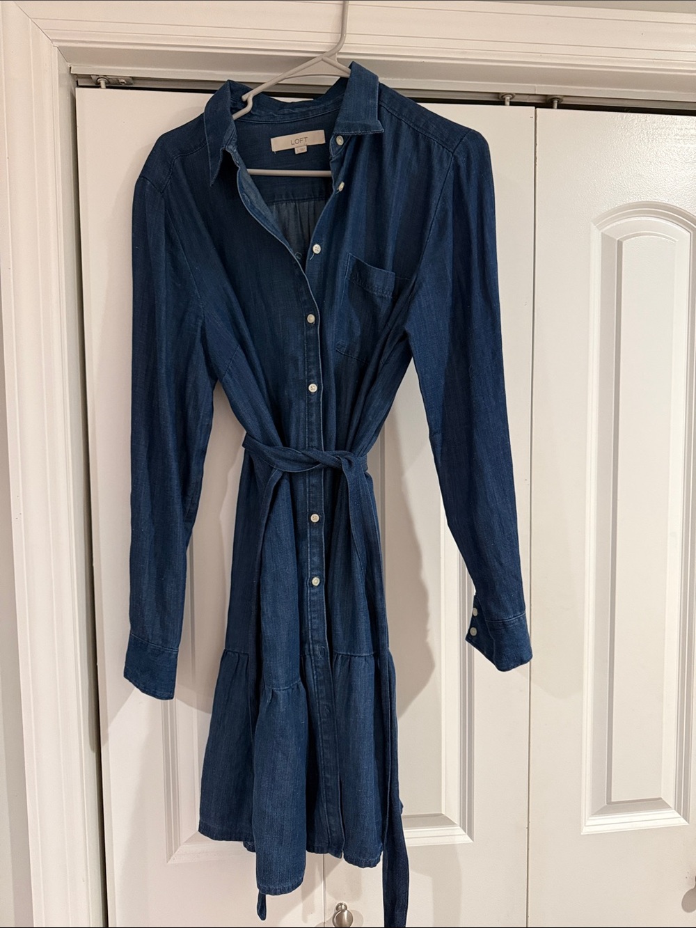 LOFT Navy Denim Shirt Dress with Tie Waist